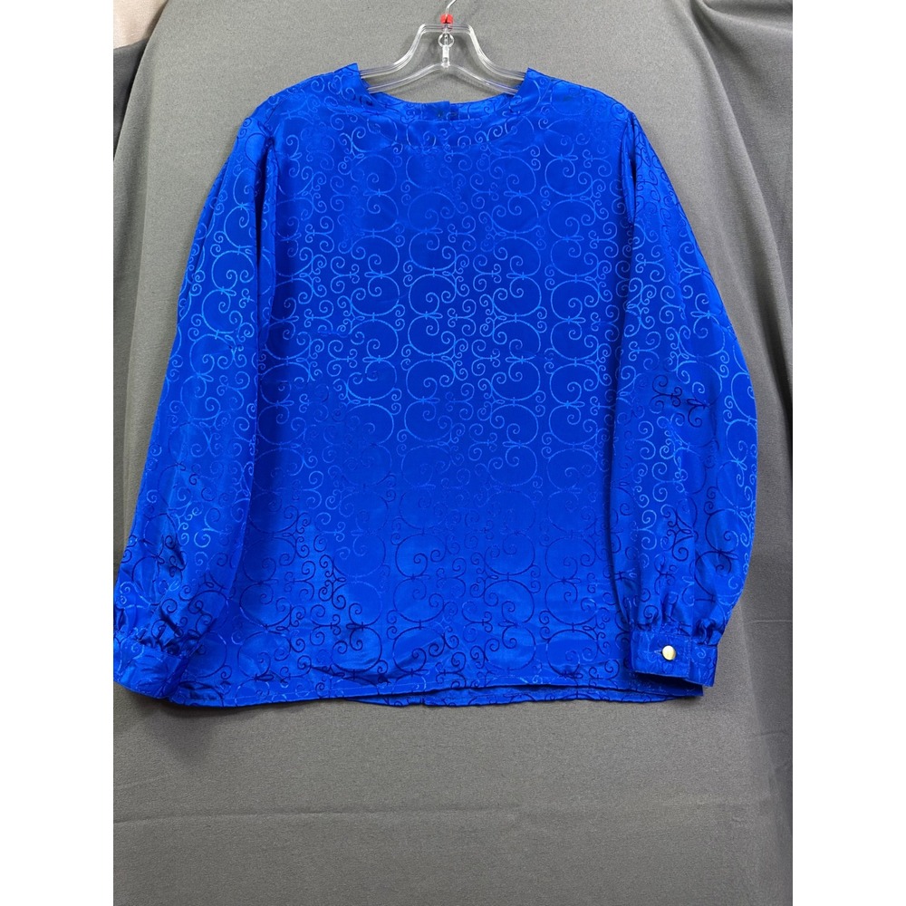 Leslie Fay Sport Royal Blue Jacquard Swirl Scroll Long Sleeve Blouse Women's 8 - Picture 11 of 11